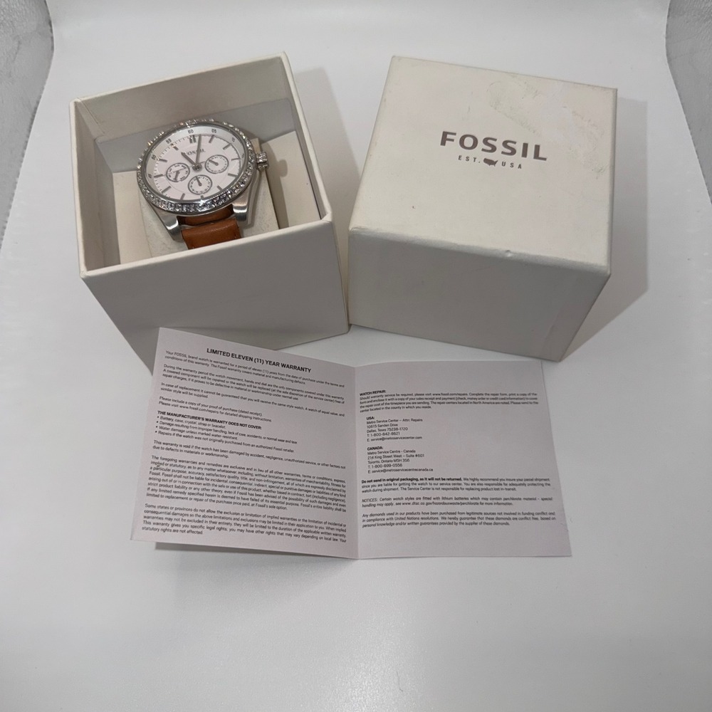 Fossil Riley Multifunction Watch Women Brown Leather Crystal Bezel Watch